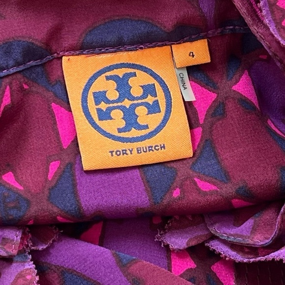 Tory Burch Silk Geometric Print Ruffle High V Neck 3/4 Tunic Blouse Top Sz 4 - Picture 10 of 11